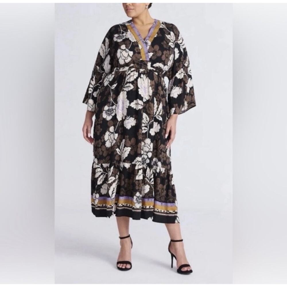 Artsy Floral V-neck Kimono Sleeve Tie Back Dress L - Sofia Vergara